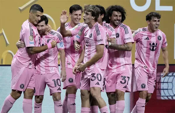 Lionel Messi and Luis Suarez celebrate a goal for Inter Miami at the Club World Cup